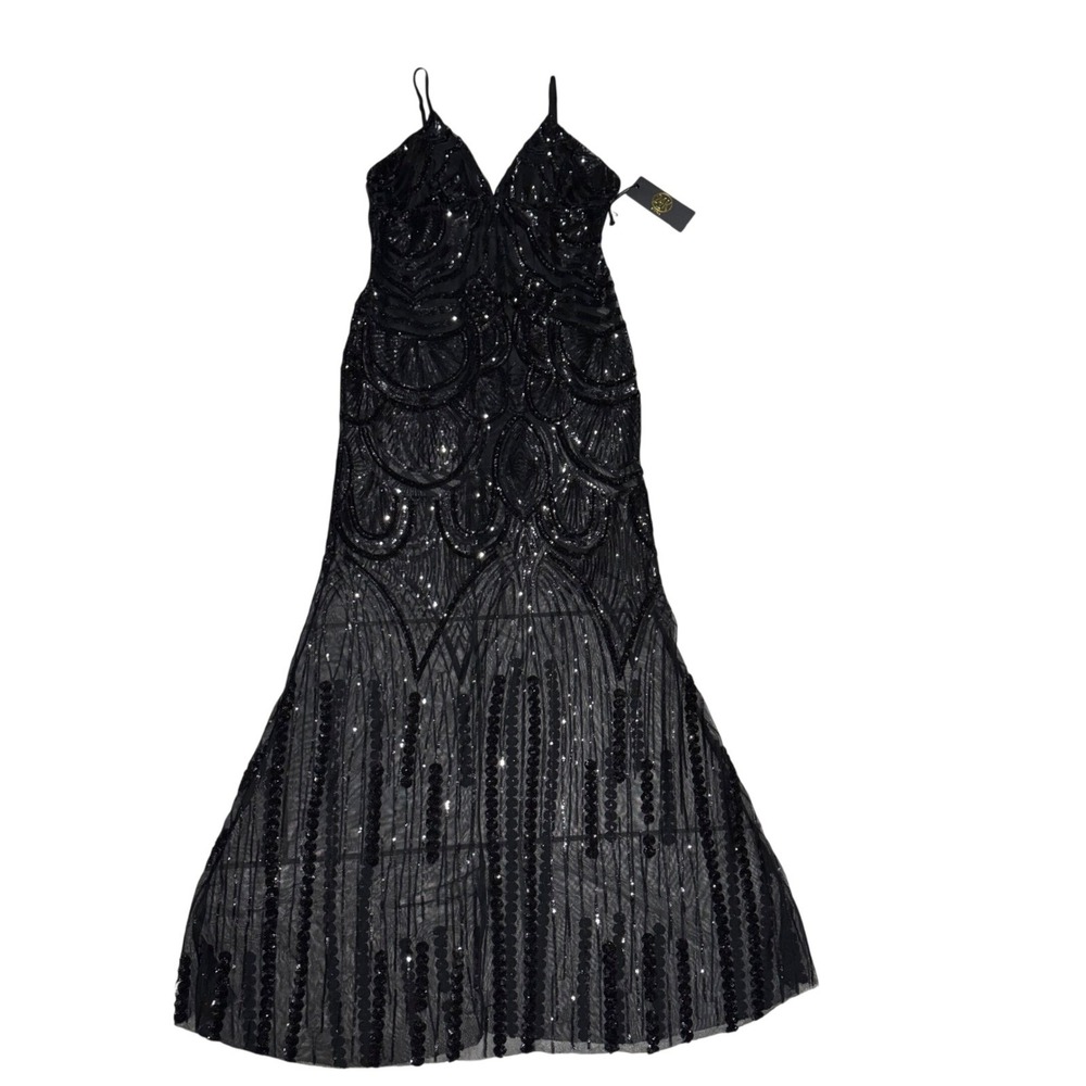 24K Label by K Too Sequin Mesh Maxi Dress BodySuit Womens Lg Black Art Deco Gown